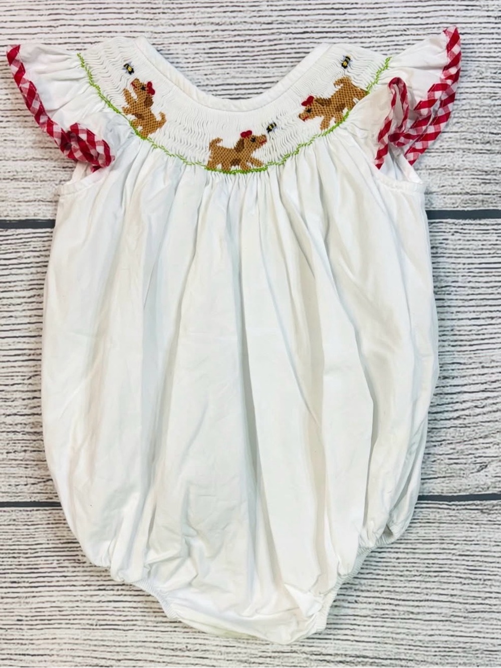 White Smocked Puppy Bubble One-Piece with Red Gingham Trim